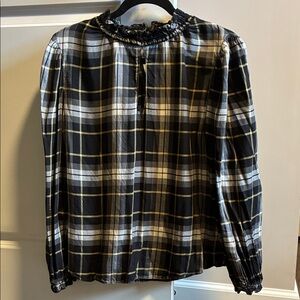 DREW Black/White/Tan Plaid Ruffle Blouse
Ruffled neck and sleeves